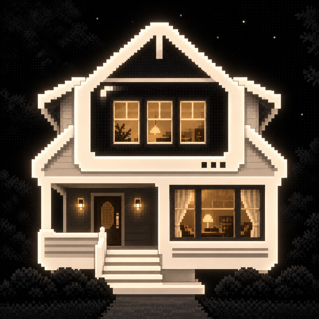 A glowing pixel-art house floating in darkness